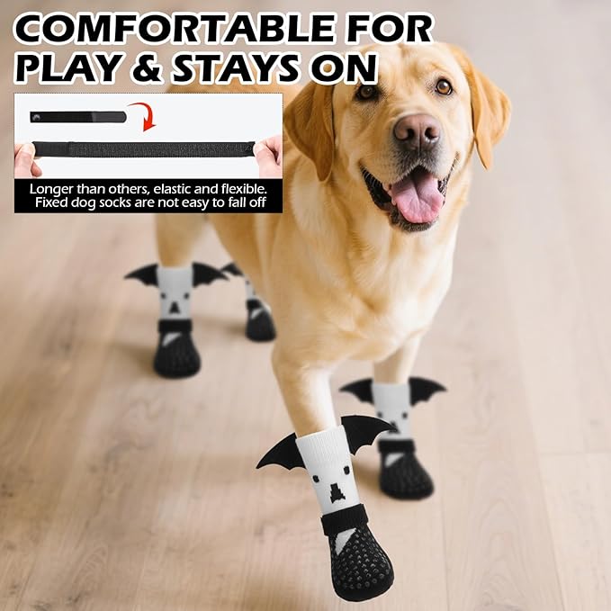 EXPAWLORER Halloween Anti Slip Dog Socks to Prevent Licking Paws, Boots &amp; Paw Protectors with Grippers,Doggie Booties for Hardwood Floors for Small Medium Large Senior Dogs Costume White Ghost Wings M
