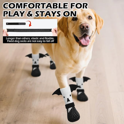EXPAWLORER Halloween Anti Slip Dog Socks to Prevent Licking Paws, Boots &amp; Paw Protectors with Grippers,Doggie Booties for Hardwood Floors for Small Medium Large Senior Dogs Costume White Ghost Wings L