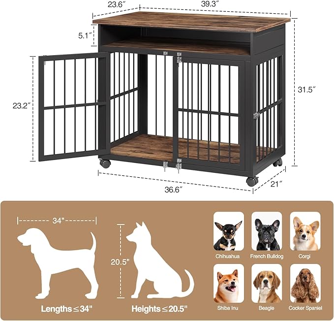 39.4" Dog Crate Furniture for Medium and Large Breed, Dog Kennel Furniture with Storage Shelf &amp; Lockable Wheels, Heavy Duty Wooden End Side Table Pet Cage Indoor, Chew-Resistant, Brown