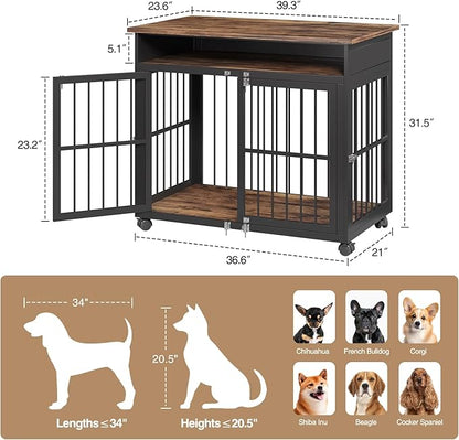 39.4" Dog Crate Furniture for Medium and Large Breed, Dog Kennel Furniture with Storage Shelf &amp; Lockable Wheels, Heavy Duty Wooden End Side Table Pet Cage Indoor, Chew-Resistant, Brown