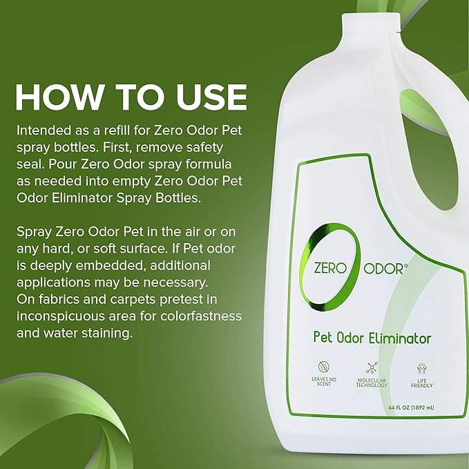 Zero Odor - Pet Odor Eliminator for strong odor, Eliminate Air &amp; Surface Odors – Patented Molecular Technology Best For Carpet, Furniture, Beds Smell Great Again, 64oz Refill
