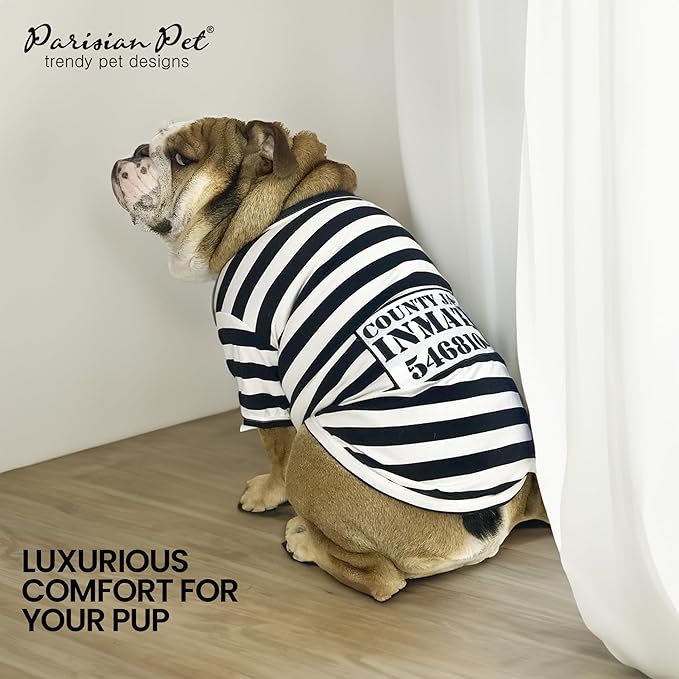 Parisian Pet XL Dog Shirt - Lightweight, Sleeved Black &amp; White Stripes for Large Dogs - 100% Cotton &amp; Polyester - Prisoner Dog Costume