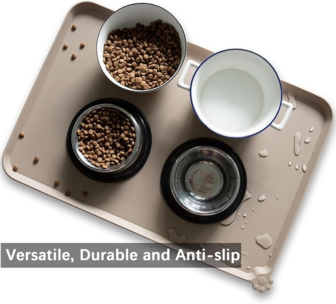 Hoki Found Large Silicone Pet Food Mats - Non Slip Dog &amp; Cat Bowl Mats - Waterproof Tan