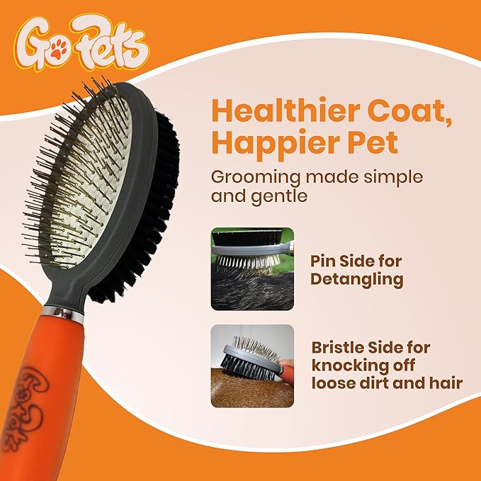GoPets Double-Sided Pin &amp; Bristle Brush, Dog &amp; Cat Grooming Brush for Detangling, Shedding Control, Fur &amp; Dirt Removal, Smooth &amp; Efficient Pet Grooming for Healthy Coat, Comfortable Ergonomic Handle