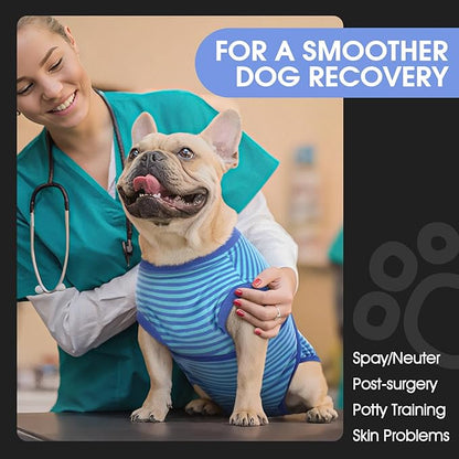 FUAMEY Recovery Suit for Dogs After Surgery,Soft Breathable Dog Bodysuit E-Collar &amp; Cone Alternative Surgical Suit,Male Female Dog Neuter Spay Suits Anti Licking Wounds Onesie Navy Blue Strips XS