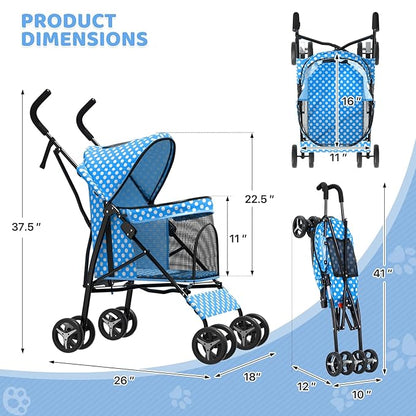 Magshion Compact Pet Stroller for Small-Medium Dogs/Cats up to 22lbs, 4-Wheel Lightweight Umbrella Shaped Portable Puppy Travel Jogger with Breathable Mesh &amp; Rear Storage, Sky Blue Polka Dots