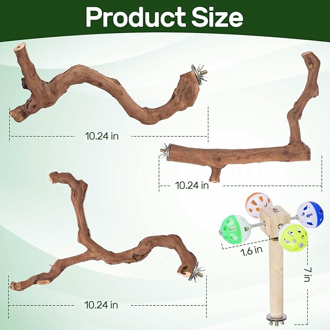 4-Piece Bird Perch Set with Rotating Ball Stand - Natural Wood Bird Gym &amp; Playground for Parrots, Cockatiels, Budgies