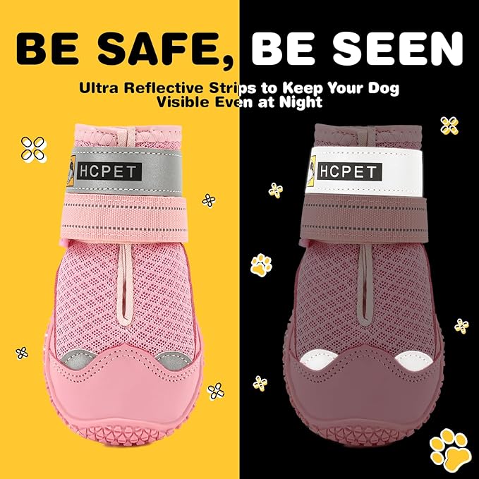 Hcpet Dog Shoes for Large Dogs, Breathable Dog Booties for Small Medium Dogs, Anti-Slip Dog Boots &amp; Paw Protectors for Hot Pavement Winter Snow Hiking with Reflective Straps Pink Size 3