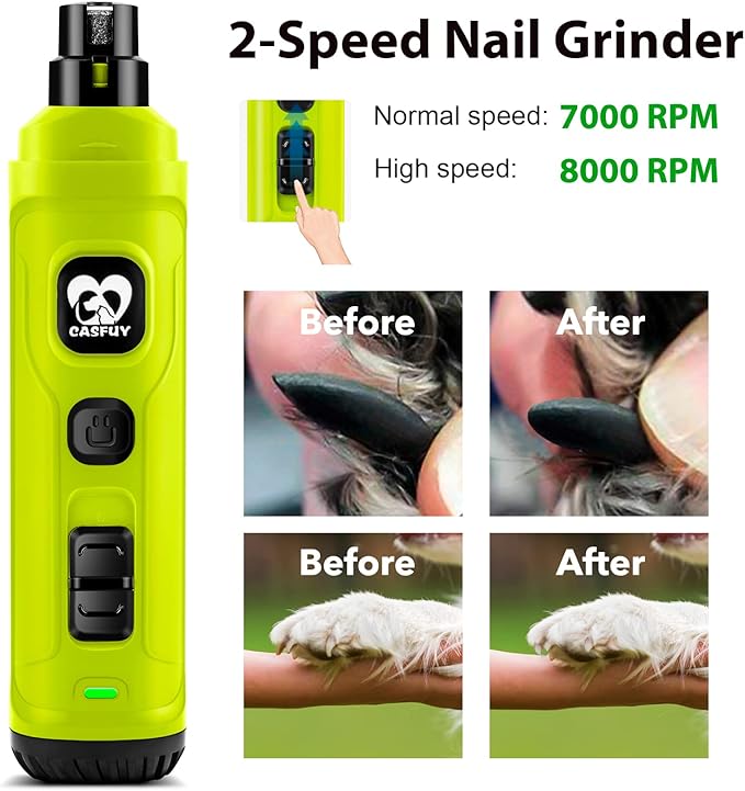 Casfuy Dog Nail Grinder with 2 LED Light - New Version 2-Speed Powerful Electric Pet Nail Trimmer Professional Quiet Painless Paws Grooming &amp; Smoothing for Small Medium Large Dogs(Green)