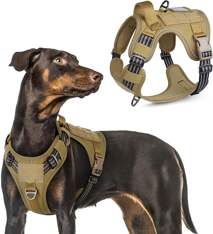 rabbitgoo Tactical Dog Harness for Large Dogs, No Pull Military Service Vest with Handle &amp; Molle, Easy Control for Training Walking, Adjustable Reflective Straps, Brown, L