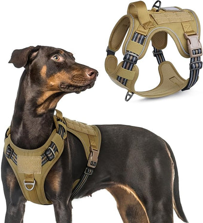 rabbitgoo Tactical Dog Harness for Large Dogs, No Pull Military Service Vest with Handle &amp; Molle, Easy Control for Training Walking, Adjustable Reflective Straps, Brown, L