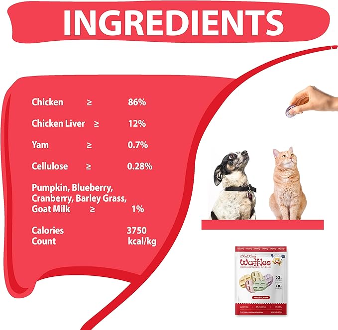 Freeze Dried Chicken Cat &amp; Dog Waffle Treats - Made with Human Grade Chicken Breast &amp; Liver - 5 Natural Flavors - Healthy, Tasty, Dry Food for Indoor Cats, Dogs - Inspected &amp; Tested in USA