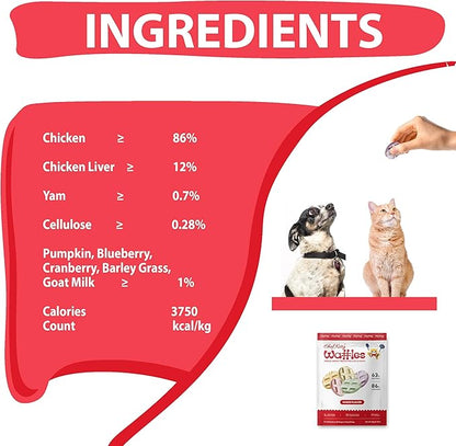 Freeze Dried Chicken Cat &amp; Dog Waffle Treats - Made with Human Grade Chicken Breast &amp; Liver - 5 Natural Flavors - Healthy, Tasty, Dry Food for Indoor Cats, Dogs - Inspected &amp; Tested in USA