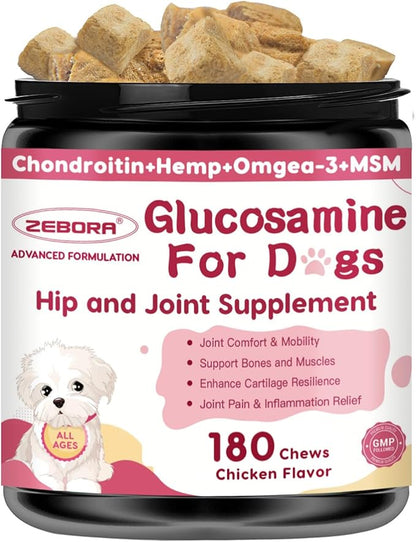 Glucosamine for Dogs - Joint Supplement for Dogs with Chondroitin, MSM, Omega 3, Hemp, Turmeric for Dog Joint Pain Relief, Dog Joint Supplement with Calcium Support Cartilage &amp; Bone Health, 180 Chews