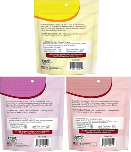 Exotic Nutrition Flower Treat 3 Pack - Healthy Assortment - Hibiscus, Calendula, Rose - for Squirrels, Guinea Pigs, Rabbits, Chinchillas, Prairie Dogs, Degus, Hamster, Gerbils, &amp; Other Herbivores
