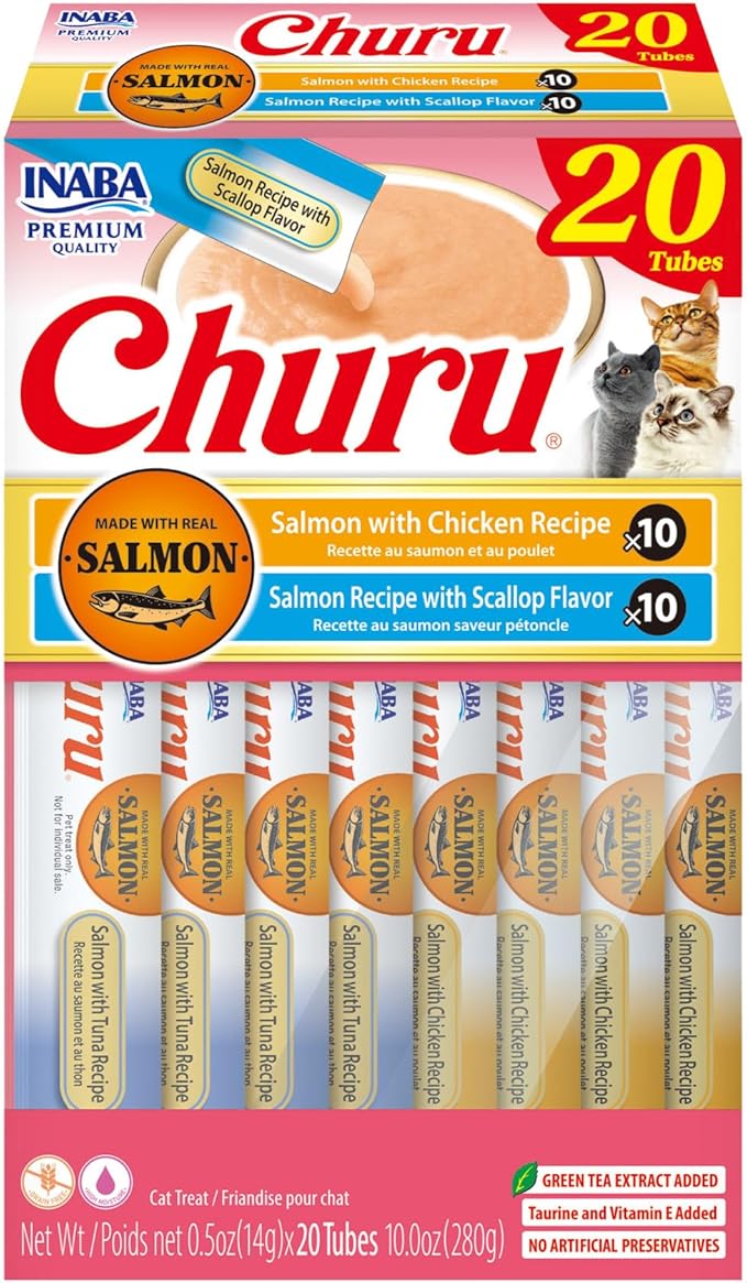 INABA Salmon Churu Cat Treats, Lickable, Squeezable Creamy Purée Cat Treat with Green Tea Extract &amp; Taurine, 0.5 Ounces Each Tube, 20 Tubes, Scallop &amp; Chicken Variety Box