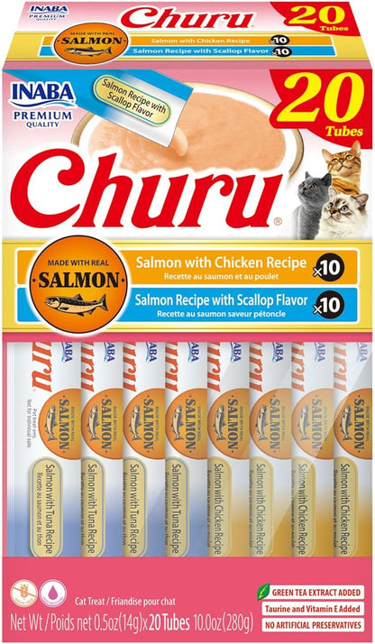 INABA Salmon Churu Cat Treats, Lickable, Squeezable Creamy Purée Cat Treat with Green Tea Extract &amp; Taurine, 0.5 Ounces Each Tube, 20 Tubes, Scallop &amp; Chicken Variety Box