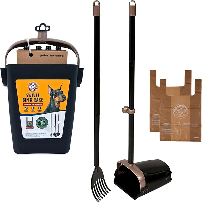 Arm &amp; Hammer Dog Pooper Scooper Swivel Bin &amp; Rake, Poop Scoop for Dogs, Black (2 Heavy Duty Scented Waste Bags Included)