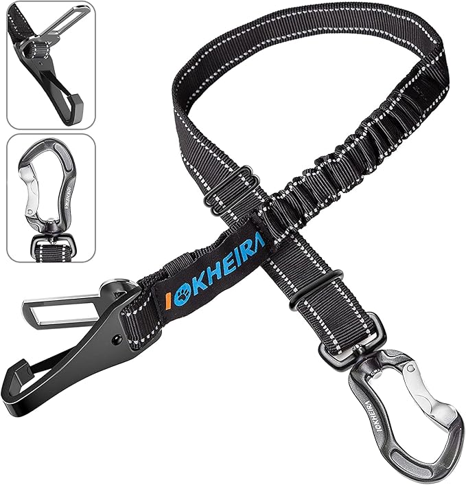 IOKHEIRA Dog Seatbelt, Updated Adjustable Harness Reflective Bungee Dog Car Seat Belt with Aviation Aluminum Alloy Rotatable Carabiner, Hook &amp; Buckle