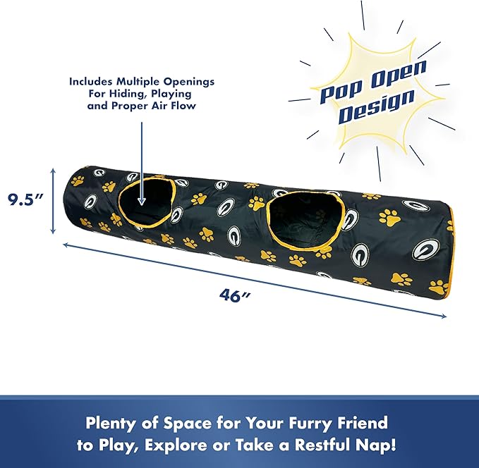 NFL Green Bay Packers Cat Tunnel Tube Toy with Plush Football Catnip and Feathers Collapsible Tunnel for Cats to Play, Peek and Hide, Sporty &amp; Fun Cat Tunnel Toy with Team Logo All-Over Design!