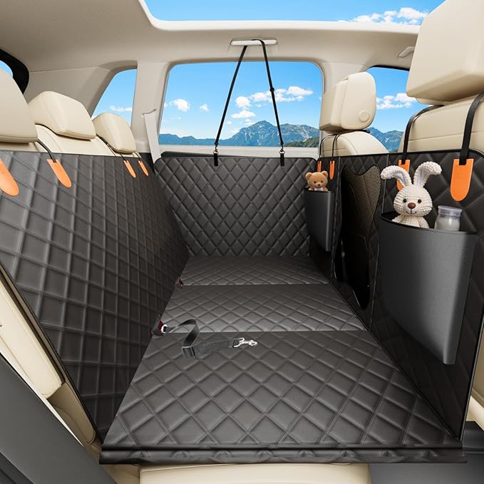 Waterproof Dog Car Seat Cover for Back Seat – Heavy Duty Back Seat Extender for Dogs with Hard Bottom, 7-Layer Protection, Non-Slip &amp; Scratchproof, Easy to Install (Black)