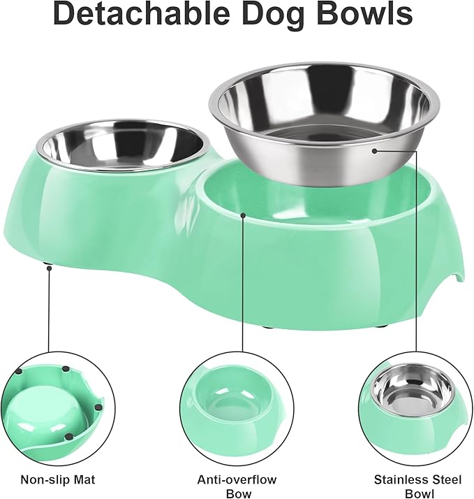 Elevated Dog Bowls Set - Non-Slip Raised Pet Feeder with Medium (2 Cups) &amp; Large (4 Cups) Stainless Steel Bowls - Includes Durable Resin Stand for Puppies, Adult Dogs &amp; Cats - Green