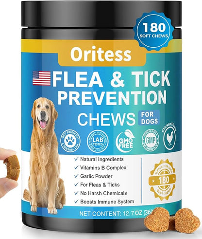 Flea and Tick Prevention for Dogs, 180 Soft Chews Natural Dog Flea and Tick Chewables Oral Flea Supplement for Dogs, Puppy Flea Support - All Breeds &amp; Ages - Chicken Flavor