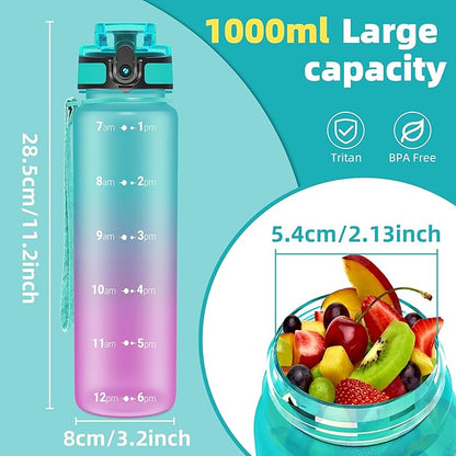 OLDLEY 32 oz Water Bottle, Motivational Water Bottle with Time Marker, Sports Water Bottle With Strap, Leakproof &amp; BPA Free Large Water Bottles for School, Gym, Travel,Tritan,Green&amp;Purple