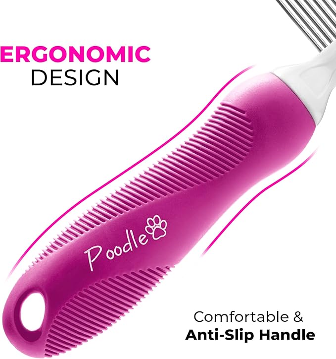 Poodle Pet Detangling Pet Comb with Long &amp; Short Stainless Steel Teeth for Removing Matted Fur, Knots &amp; Tangles – Detangler Tool Accessories for Safe &amp; Gentle DIY Dog &amp; Cat Grooming (Pink)
