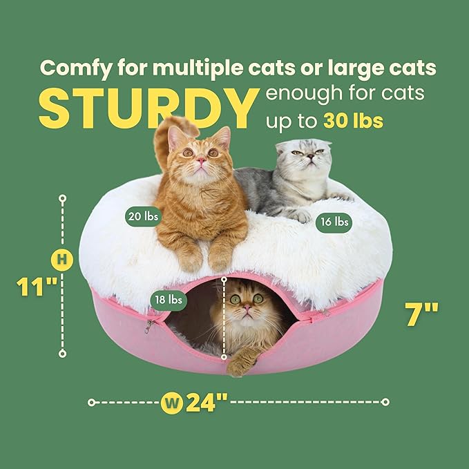 CATTASAURUS Peekaboo Cat Cave for Multiple &amp; Large Cats Up to 30-45 Lbs, Fluffy Cat Beds for Indoor Cats, Scratch Detachable &amp; Washable Tunnel Bed, Comfy Donut Cat Cave (Pink, Large (Calming))