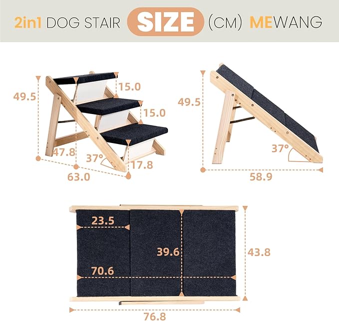 MEWANG Wood Pet Stairs &amp; Ramp for Small/Medium Dogs and Cats, Aging Pets – 3-in-1 Foldable, Portable, Non-Slip Pet Ladder for Tall Beds, Couches,Cars–Holds Up to 220 lbs (24.8" L x 17.2" W x 19.5" H)