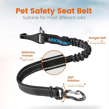 IOKHEIRA Dog Seatbelt, Updated Adjustable Harness Reflective Bungee Dog Car Seat Belt with Aviation Aluminum Alloy Rotatable Carabiner, Hook &amp; Buckle