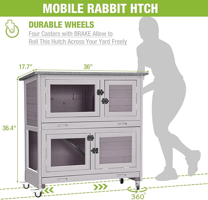 Rabbit Hutch Bunny Cage, Guinea Pig Cage Bunny Hutch Indoor, Wood Pet Cage with 4 Casters -2 Story &amp; 2 Trays
