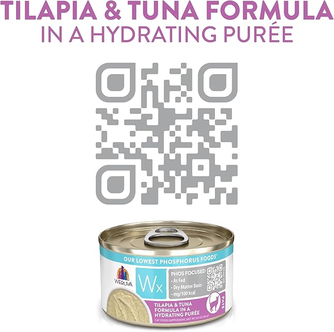 Weruva Wx Phos Focused, Tilapia &amp; Tuna Formula in a Hydrating purée, 3oz Can (Pack of 12)