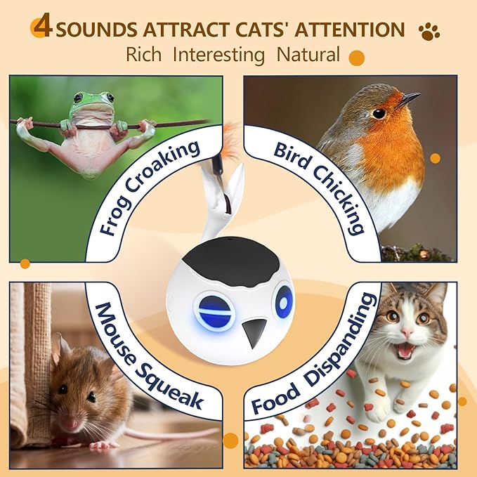 ORSDA Cat Ball Toys, Interactive Cat Toy for Indoor Bored Indoor Cats Kitten Toys, Automatic Electric Bird Moving Ball Toy, 4 Mode Voice &amp; Touch Control Rolling Chirping Stimulating, 2 Feather Tails