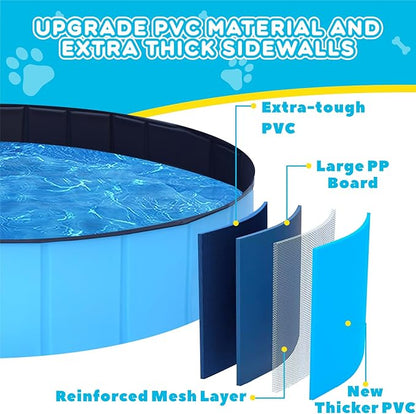Foldable Dog Pool - 63" x 12" Anti-Slip Portable Dog Swimming Pool, Hard Plastic Collapsible Kiddie Pool for Outdoor and Indoor for Pets Dogs Cats and Kids