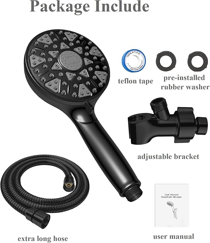 High Pressure Shower head with Handheld 7 Modes, Built-in Power Wash to Clear Tub. Tile &amp; Pets, 5” High Flow Hand Held Hydro Rain Showerhead with Stainless Steel Hose and Adjustable Bracket-Matt Black