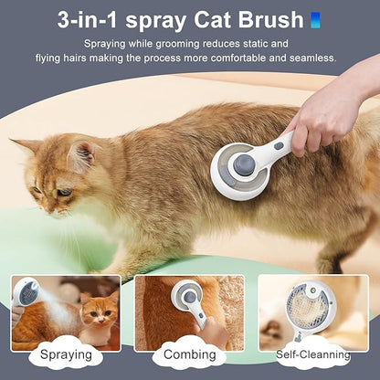 Cat Steam Brush, 3-in-1 Self-Cleaning Pet Grooming Tool with Water Spray, Shedding &amp; Massage Comb for Long &amp; Short Hair Cats and Dogs