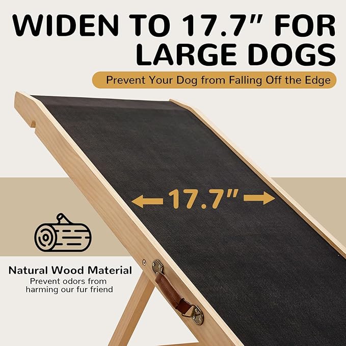 Folding Wooden Dog Ramp for Bed, Couch &amp; Car,45IN Long- 5 Level Adjustable Pet Ramp, Non-Slip Rubber Mat, 17.7&