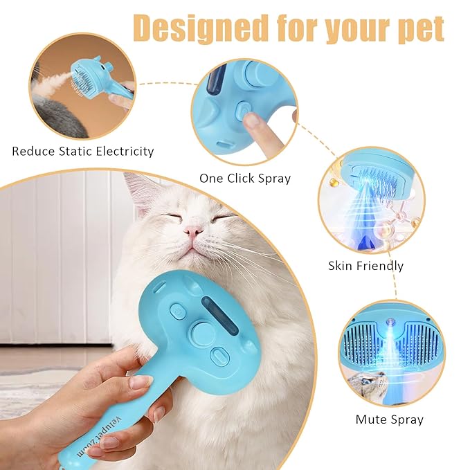 Cat Steam Brush for Shedding, Pet Steam Brush for Dog with Release Button,Anti-Static Pet Spray Hair Removal Comb,Cat Spray Comb for Long &amp; Short Haired Pets,Blue