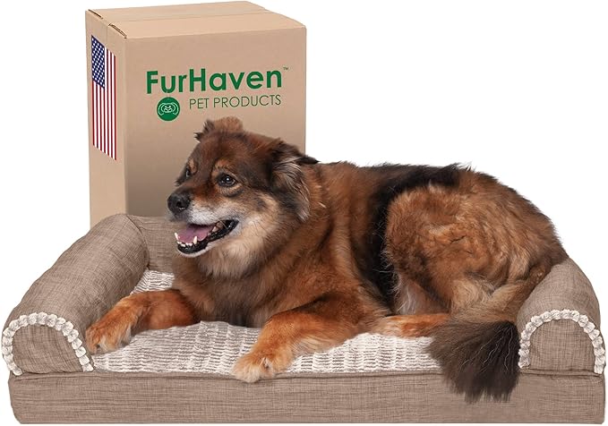 Furhaven Cooling Gel Dog Bed for Large/Medium Dogs w/ Removable Bolsters &amp; Washable Cover, For Dogs Up to 55 lbs - Luxe Faux Fur &amp; Performance Linen Sofa - Woodsmoke, Large