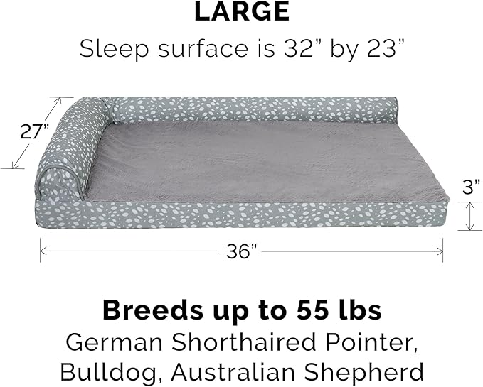 Furhaven Cooling Gel Dog Bed for Large/Medium Dogs w/ Removable Bolsters &amp; Washable Cover, For Dogs Up to 55 lbs - Plush &amp; Almond Print L Shaped Chaise - Gray Almonds, Large