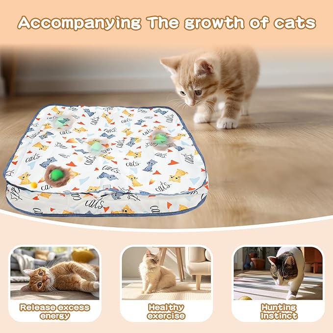 Rocfish Interactive Cat Toys Ball - Automatic Fast Rolling Ball in Play Mat, Hide and Seek Mouse Catching Game, Low-Noise Cat Enrichment Toys in Pouch for Indoor Bored Cats (Green Toy &amp; Square Mat)