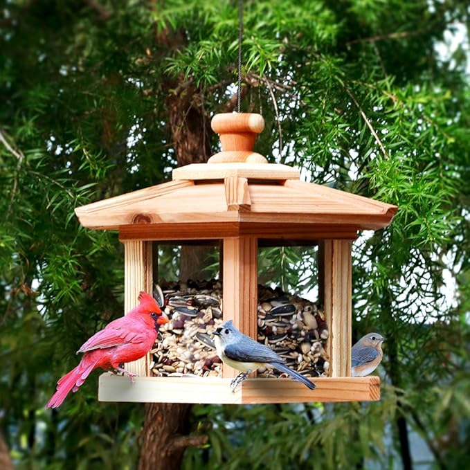 Solution4Patio Bird Feeder for Outdoors - USA Cedar Hexagon Gazebo Bird Feeders with Vented Mesh Tray, Easy-Clean &amp; Fill Design 9.6" Dia. X 8.7" H 3.2-lb Capacity