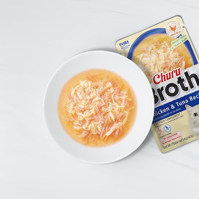 INABA Churu Broth for Cats, Side Dish Pouch, 1.4 Ounces per Pouch, 12 Pouches, Chicken &amp; Tuna Recipe