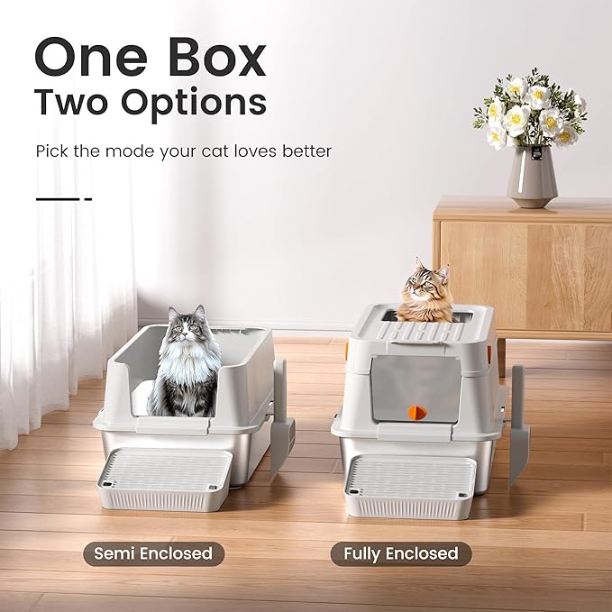 XL Stainless Steel Cat Litter Box with Easy-Open Lid, AOTRUTII Enclosed Metal Litter Box for Big Cats, Front Entry &amp; Top Exit, High Sided, Anti-Leak, Non-Stick, Easy to Clean, Includes Scoop