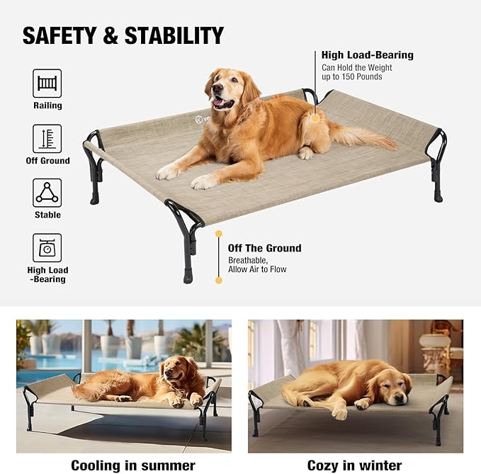 Veehoo Cooling Elevated Dog Bed, Raised Pet Cot with Guardrail &amp; Slope Headrest, Durable Breathable Teslin Mesh, Non-Slip Feet, Washable Dog Couch Bed for Indoor &amp; Outdoor, 47" x 32", Beige Coffee