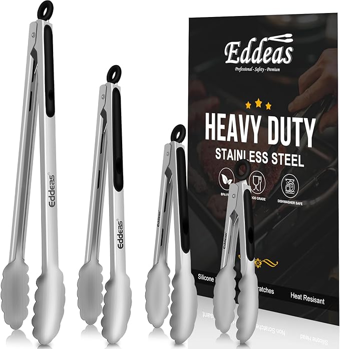 Grill Tongs - BBQ Tongs Heat Resistant 600 Degrees, Heavy Duty Metal, Perfect for Cooking, Grilling, Set of 4, 7",9",12" &amp; 14 inch Black