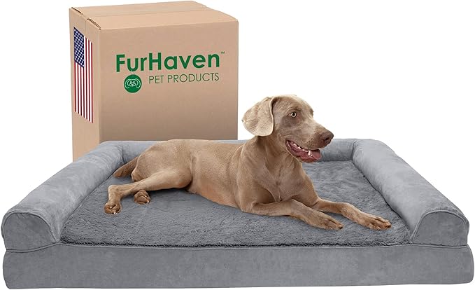 Furhaven Cooling Gel Dog Bed for Large Dogs w/ Removable Bolsters &amp; Washable Cover, For Dogs Up to 125 lbs - Plush &amp; Suede Sofa - Gray, Jumbo Plus/XXL