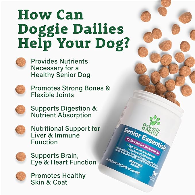 Doggie Dailies Senior Essentials Multivitamin for Dogs Soft Chews | Advanced Dog Multivitamin | Nutritional Support for Joints, Skin &amp; Coat, Digestion, and the Immune System | Bacon Flavor | 120 Count